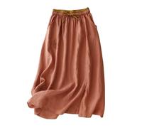 Women's Embroidery Cotton Linen Skirts with Pockets Casual Elastic High Waist A-Line Split Long Boho Skirts (Pink,XXL)