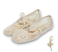 Women's Embroidery Lace Mesh Ballet Flats, Ballet Flats for Women with Strap, Pink Elegant Comfortable Party(Blanco,EU35)