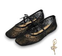Women's Embroidery Lace Mesh Ballet Flats, Ballet Flats for Women with Strap, Pink Elegant Comfortable Party(Negro,EU38)