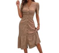 Women's Eyelet Embroidery Midi Dress V-Neck Button Front Puff Short Sleeve Down Ruched Ruffle Dress A Line (Khaki,L)