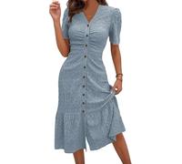 Women's Eyelet Embroidery Midi Dress V-Neck Button Front Puff Short Sleeve Down Ruched Ruffle Dress A Line (Blue,XXL)