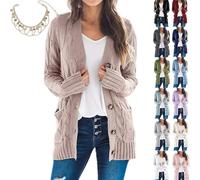 Women's Fall Casual Long Sleeve Button Down Open Front Cable Knit Cardigan Autumn Midi-Length Sweater Knitted Pockets(Pink,XL)