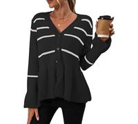 Women's Fall Ruffle Hem Striped Cardigans Long Sleeve Button Down Knit Sweater Flared Hem Baggy Outwear (Black,M)