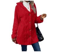 Women's Fall Winter Warm Fashion Jacquard Hooded Cardigan Long Sleeve Coat,Fashion Cozy Warm Coat for Casual Daily Wear (Red,L)