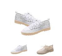 Women's Fashion Canvas Sneakers Mesh Knitted Upper Low Cut Casual Shoes Women's Fashion Sneakers Dressy Floral Embroidery (White, 42)