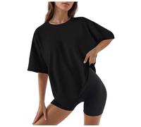 Women's Fashion Casual Solid Color Round Neck Short Sleeved T Shirt Top (Black, XXXL)