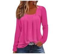 Women's Fashion Casual Square Collar Crease Solid Color Long Sleeve T Shirt Top (Red, XXL)