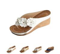 Women's Fashion Floral Slip-On Flip Flops Wedge Sandals, Wedge Sandals Women with Arch Support Slip On Flip Flops Ladies Summer Beach Slides (White,36)