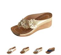 Women's Fashion Floral Slip-On Flip Flops Wedge Sandals, Wedge Sandals Women with Arch Support Slip On Flip Flops Ladies Summer Beach Slides (Gold,41)