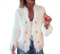 Women's Fashion Fringe Cardigan Jacket, Long Sleeve Open Front Party Tassel Coat Fall Outfits,Fall Winter Fuzzy Open Button Front Cardigan,Dressy Tassel Jackets (White,L)