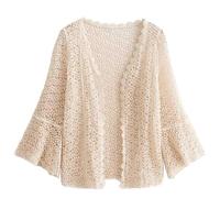 Women's Fashion Lace Insert Blouse Open Front Short Sleeve Bolero Cardigan, Summer Crochet Shrug, Casual Floral 3/4 Sleeve Cover Up, Boho Hippie Crop Cardigan for Party (Apricot Mesh Pattern)