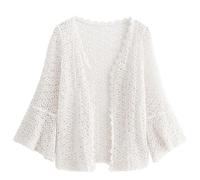 Women's Fashion Lace Insert Blouse Open Front Short Sleeve Bolero Cardigan, Summer Crochet Shrug, Casual Floral 3/4 Sleeve Cover Up, Boho Hippie Crop Cardigan for Party (White Mesh Pattern)
