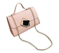 Women's Fashion Solid Color Straw Woven Beach Bag Artificial Leather Hasp Phone Shoulder Messenger(Pink)