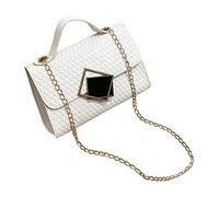 Women's Fashion Solid Color Straw Woven Beach Bag Artificial Leather Hasp Phone Shoulder Messenger(White)