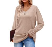 Women's Fashion V Neck Long Sleeve Tops Casual Ruffle Cuff Blouse Loose Fit Tunic Shirt Soft Knit Pullover for Daily Office Fall Winter