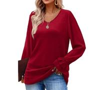 Women's Fashion V Neck Long Sleeve Tops Casual Ruffle Cuff Blouse Loose Fit Tunic Shirt Soft Knit Pullover for Daily Office Fall Winter