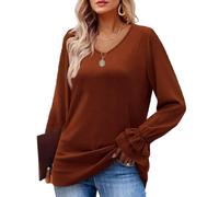 Women's Fashion V Neck Long Sleeve Tops Casual Ruffle Cuff Blouse Loose Fit Tunic Shirt Soft Knit Pullover for Daily Office Fall Winter