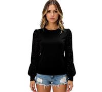 Women's Fashion Velvet Long Sleeve Top Featuring Sparkly Sequin Puff Sleeves Crew Neck Elegant Party Blouse for Evening Dinner Club Wear Black