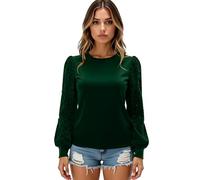 Women's Fashion Velvet Long Sleeve Top Featuring Sparkly Sequin Puff Sleeves Crew Neck Elegant Party Blouse for Evening Dinner Club Wear Black