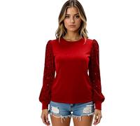 Women's Fashion Velvet Long Sleeve Top Featuring Sparkly Sequin Puff Sleeves Crew Neck Elegant Party Blouse for Evening Dinner Club Wear Black