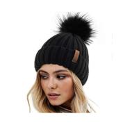Women's Faux Fur Pom Pom Knit Beanie - Winter Warm Skull Cap with Foldable Brim for Outdoor Activities