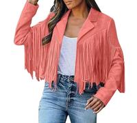 Women's Faux Suede Fringe Jacket, Classic Tassel Trimmed Short Length Leather Look Coat for Autumn and Winter