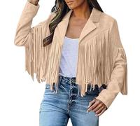 Women's Faux Suede Fringe Jacket, Classic Tassel Trimmed Short Length Leather Look Coat for Autumn and Winter