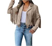 Women's Faux Suede Fringe Jacket, Classic Tassel Trimmed Short Length Leather Look Coat for Autumn and Winter