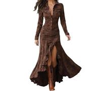Women's Faux Suede Western Fishtail Dress Vintage V-Neck Slit Front Button Down Long Sleeve Bodycon Maxi A-Line Dresses (Coffee,S)