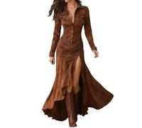 Women's Faux Suede Western Fishtail Dress Vintage V-Neck Slit Front Button Down Long Sleeve Bodycon Maxi A-Line Dresses (Brown,M)