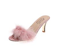Women's Feather Strappy Heeled Sandals Ladies Thong Flip-Flop Kitten Heels Slip On Pumps Stiletto Dressy Summer Mule High Heel Round Open Toe Fashion Open Back Dress Wedding Pumps