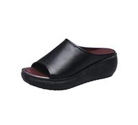 Women's Fish Mouth Platform Slippers,Summer Comfortable Orthotic Leather Wedges Slides,Orthotic Anti Slip Beach Flat (Black, Adulto, Mujer, 38, Números, Sistema tallas calzado EU, mediano)