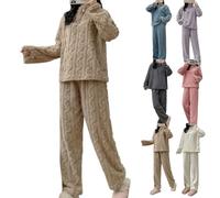 Womens Fleece Pyjamas Sets Fluffy Soft Warm Cosy 2 Pieces Pjs Sets Quarter Zip Pullover And Wide Leg Pants Set Comfy Thick Plush Flannel Co Ord Set Ladies Loungewear Nightwear (Kahki,Talla única)