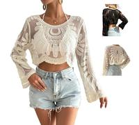 Women's Floral Embroidered Semi-Sheer Cover Up, Beach Long Sleeve Round Neck Lace Sun Protection Duster Mesh Design (Apricot)