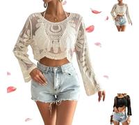 Women's Floral Embroidered Semi-Sheer Cover up Cute Long Sleeve Round Neck Floral Lace Beach Bohemian Vacations Outdoor Fun (Apricot)