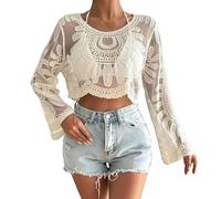 Women's Floral Embroidered Semi-Sheer Cover up Cute Long Sleeve Round Neck for Beach Vacations, Sheer Coverups (Apricot)