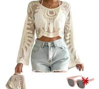 Women's Floral Embroidered Semi-Sheer Cover Up, floral embroidered dress for women, Round Neck Lace Long-Sleeved (Beige)