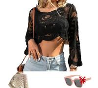Women's Floral Embroidered Semi-Sheer Cover Up, floral embroidered dress for women, Round Neck Lace Long-Sleeved (Black)