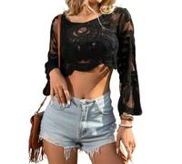 Women's Floral Embroidered Semi-Sheer Cover Up Long Sleeve Round Neck Boho Lace Top for Women Sheer Beach Coverup Mesh Design (Black,One Size)