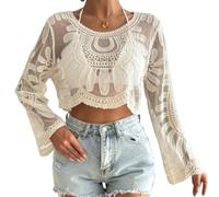 Women's Floral Embroidered Semi-Sheer Cover Up Long Sleeve Round Neck Boho Lace Top for Women Sheer Beach Coverup Mesh Design (White,One Size)