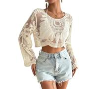 Women's Floral Embroidered Semi-Sheer Cover Up, Round Neck Hollow Crocheted Beach Lace Dusters, Boho Lace Top for Women (White)