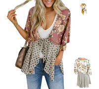 Women's Floral Kimono Ruffle Sleeve Tie Cardigan,Lightweight 3/4 Sleeve Tie Front Boho Flowy Patchwork Loose Cover Up Tops (Pink, L)