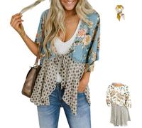 Women's Floral Kimono Ruffle Sleeve Tie Cardigan,Lightweight 3/4 Sleeve Tie Front Boho Flowy Patchwork Loose Cover Up Tops (Light Blue, XXL)