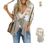 Women's Floral Kimono Ruffle Sleeve Tie Cardigan,Lightweight 3/4 Sleeve Tie Front Boho Flowy Patchwork Loose Cover Up Tops (White, S)