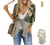 Women's Floral Kimono Ruffle Sleeve Tie Cardigan,Lightweight 3/4 Sleeve Tie Front Boho Flowy Patchwork Loose Cover Up Tops (Green, S)