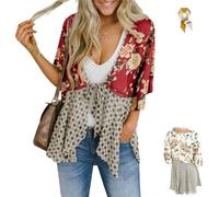 Women's Floral Kimono Ruffle Sleeve Tie Cardigan,Lightweight 3/4 Sleeve Tie Front Boho Flowy Patchwork Loose Cover Up Tops (Red, XXL)