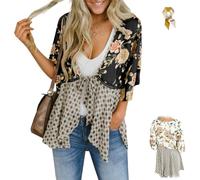 Women's Floral Kimono Ruffle Sleeve Tie Cardigan,Lightweight 3/4 Sleeve Tie Front Boho Flowy Patchwork Loose Cover Up Tops (Black, S)