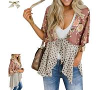 Women's Floral Kimono Ruffle Sleeve Tie Cardigan,Summer Flowy Lightweight Ruffle 3/4 Sleeve Tie Front Boho Patchwork Cover Up (Pink, L)