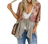 Women's Floral Kimono Ruffle Sleeve Tie Cardigans Flowy Boho Loose Cover Ups Short Beach Tops with 3/4 Sleeves (Pink,l)