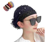 Women's Floral Lace Headwrap,Pearl Encrusted Floral Lace Headband,Stretch Lace Hat,Lace Headband Kerchief (Black-A)
